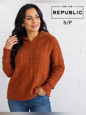 For The Republic Apple Spice Heather Hooded Knit Sweater Size S/P NWT